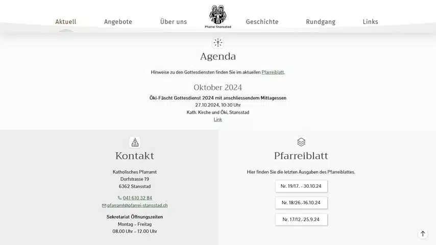 Das Bild zeigt ein Screenshot der Webseite «pfarrei-stansstad.ch» mit grafischen Elementen